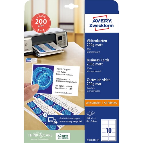 Visitenkarten Inkjet+Laser+Kopier A4 85x54mm 185g weiß beidseitig bedruckbar Microperforation Zweckform C32010-10 (PACK=100 STÜCK) Produktbild Additional View 1 L