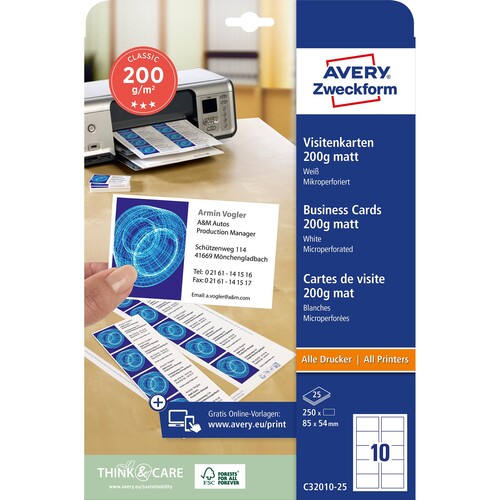 Visitenkarten Inkjet+Laser+Kopier A4 85x54mm 185g weiß beidseitig bedruckbar Microperforation Zweckform C32010-25 (PACK=250 STÜCK) Produktbild Additional View 1 L