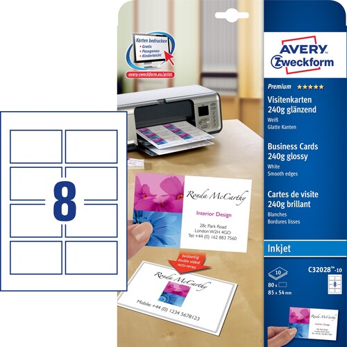 Visitenkarten Inkjet 85x54mm auf A4 240g weiß high-glossy beidseitig bedruckbar glatte Kanten Zweckform C32028-10 (PACK=80 STÜCK) Produktbild