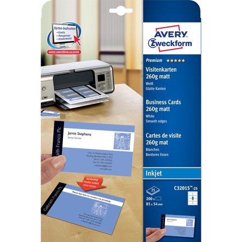 Visitenkarten Inkjet 85x54mm auf A4 Bögen 260g weiß matt beidseitig bedruck- bar glatte Kanten Zweckform C32015-25 (PACK=200 STÜCK) Produktbild Additional View 1 L