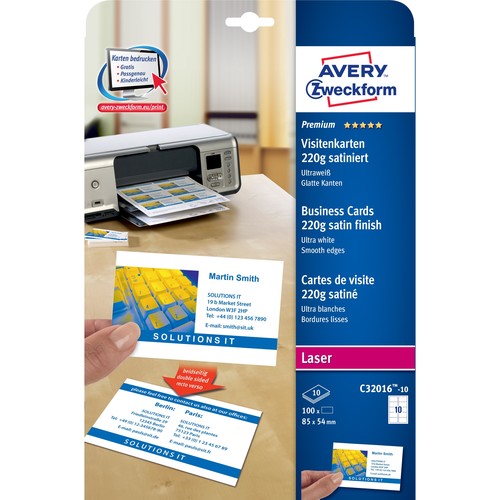 Visitenkarten Laser+Kopier 85x54mm auf A4 Bögen 220g weiß beidseitig bedruckbar glatte Kanten Zweckform C32016-10 (PACK=100 STÜCK) Produktbild Additional View 1 L