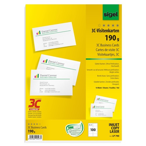 Visitenkarten Inkjet+Laser+Kopier 85x55mm 190g weiß glatte Kanten Sigel LP790 (PACK=100 STÜCK) Produktbild