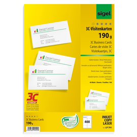 Visitenkarten Inkjet+Laser+Kopier 85x55mm 190g weiß glatte Kanten Sigel LP791 (PACK=400 STÜCK) Produktbild