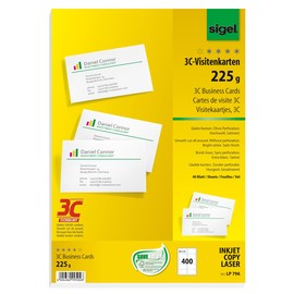 Visitenkarten Inkjet+Laser+Kopier 85x55mm 225g weiß glatte Kanten Sigel LP796 (PACK=400 STÜCK) Produktbild