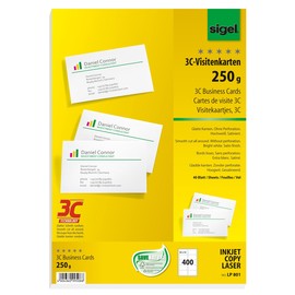 Visitenkarten Inkjet+Laser+Kopier 85x55mm 250g weiß glatte Kanten Sigel LP801 (PACK=400 STÜCK) Produktbild