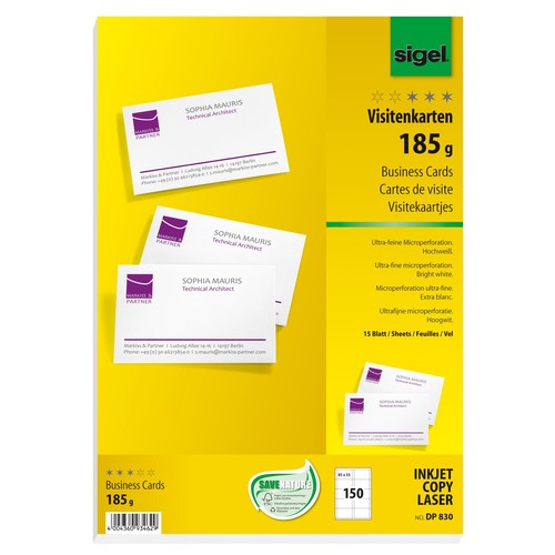 Visitenkarten Inkjet+Laser+Kopier 85x55mm 185g weiß Microperforation Sigel DP830 (PACK=150 STÜCK) Produktbild