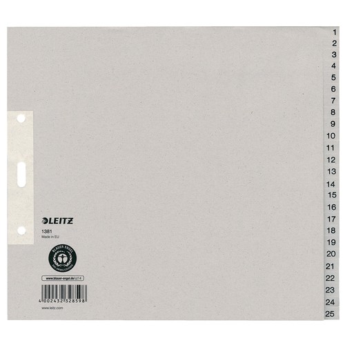 Registerserie A4 halbe Höhe überbreit 240x200mm Zahlen 1-25 grau Papier Leitz 1381-00-85 Produktbild Front View L