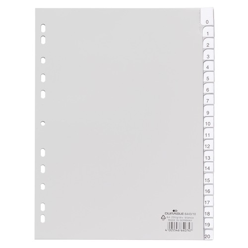 Register Blanko A4 mit Taben 230x297mm 20-teilig grau Plastik Durable 6443-10 Produktbild Front View L