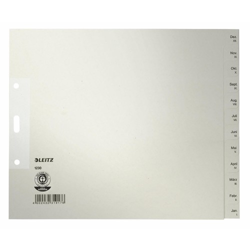 Register Monate A4 halbe Höhe überbreit 240x200mm Dez-Jan grau Papier Leitz 1230-00-85 Produktbild Front View L