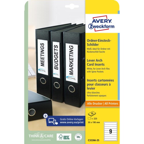 Rückenschilder zum Bedrucken 30x190mm kurz schmal auf A4 Bögen weiß zum Stecken Zweckform C32266-25 (PACK=225 STÜCK) Produktbild Additional View 1 L