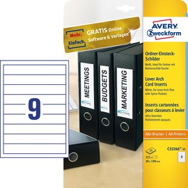 Rückenschilder zum Bedrucken 30x190mm kurz schmal auf A4 Bögen weiß zum Stecken Zweckform C32266-25 (PACK=225 STÜCK) Produktbild