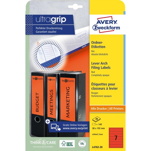 Rückenschilder zum Bedrucken 38x192mm kurz schmal auf A4 Bögen rot selbstklebend Zweckform L4762-20 (PACK=140 STÜCK) Produktbild Additional View 1 L