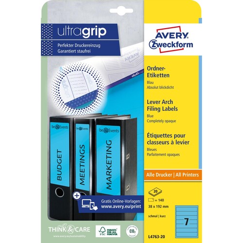 Rückenschilder zum Bedrucken 38x192mm kurz schmal auf A4 Bögen blau selbstklebend Zweckform L4763-20 (PACK=140 STÜCK) Produktbild Additional View 1 L