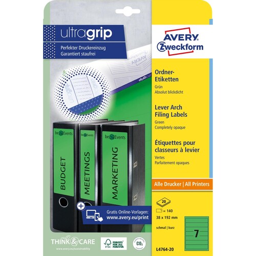 Rückenschilder zum Bedrucken 38x192mm kurz schmal auf A4 Bögen grün selbstklebend Zweckform L4764-20 (PACK=140 STÜCK) Produktbild Additional View 1 L