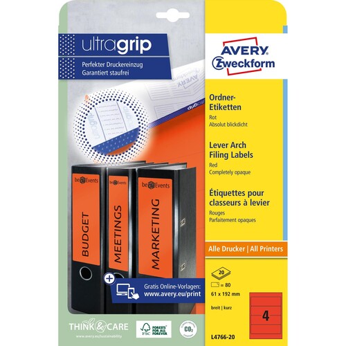 Rückenschilder zum Bedrucken 61x192mm kurz breit auf A4 Bögen rot selbstklebend Zweckform L4766-20 (PACK=80 STÜCK) Produktbild Additional View 1 L