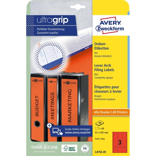 Rückenschilder zum Bedrucken 61x297mm lang breit auf A4 Bögen rot selbstklebend Zweckform L4752-20 (PACK=60 STÜCK) Produktbild Additional View 1 L