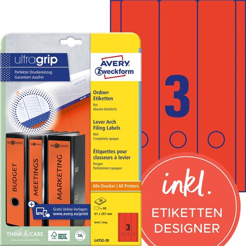 Rückenschilder zum Bedrucken 61x297mm lang breit auf A4 Bögen rot selbstklebend Zweckform L4752-20 (PACK=60 STÜCK) Produktbild
