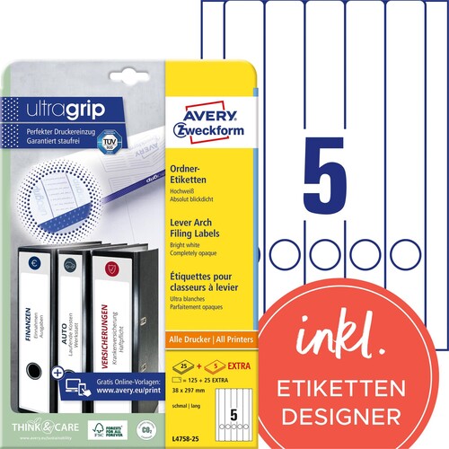Rückenschilder zum Bedrucken 38x297mm lang schmal auf A4 Bögen weiß selbstklebend Zweckform L4758-25 (PACK=150 STÜCK) Produktbild Additional View 3 L