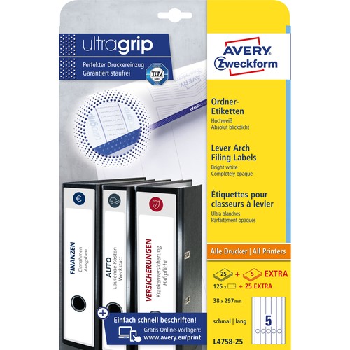 Rückenschilder zum Bedrucken 38x297mm lang schmal auf A4 Bögen weiß selbstklebend Zweckform L4758-25 (PACK=150 STÜCK) Produktbild Additional View 1 L