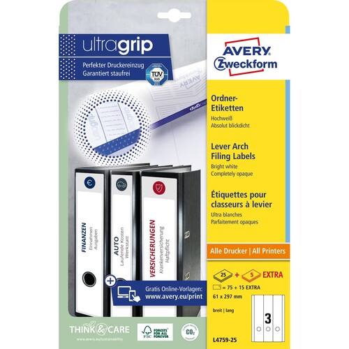Rückenschilder zum Bedrucken 61x297mm lang breit auf A4 Bögen weiß selbstklebend Zweckform L4759-25 (PACK=90 STÜCK) Produktbild Additional View 1 L