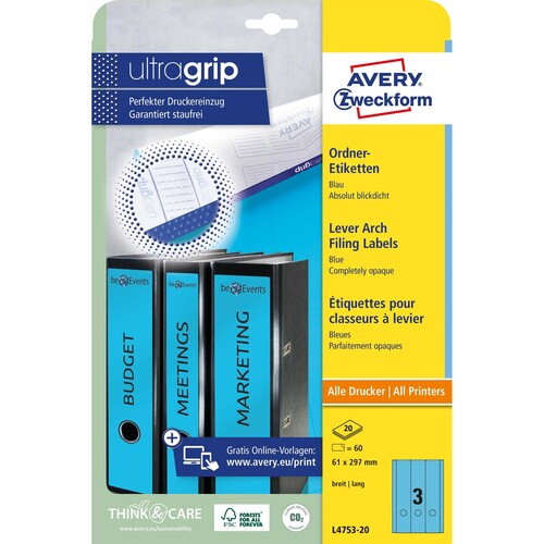 Rückenschilder zum Bedrucken 61x297mm lang breit auf A4 Bögen blau selbstklebend Zweckform L4753-20 (PACK=60 STÜCK) Produktbild Additional View 1 L