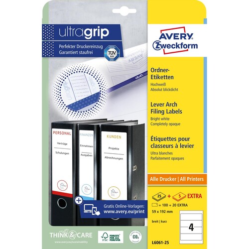 Rückenschilder zum Bedrucken 59x192mm kurz breit auf A4 Bögen weiß selbstklebend Zweckform L6061-25 (PACK=120 STÜCK) Produktbild Additional View 1 L