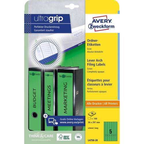 Rückenschilder zum Bedrucken 38x297mm lang schmal auf A4 Bögen grün selbstklebend Zweckform L4750-20 (PACK=100 STÜCK) Produktbild Additional View 1 L