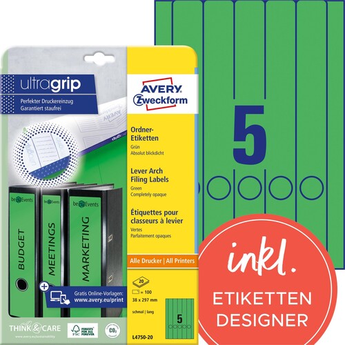 Rückenschilder zum Bedrucken 38x297mm lang schmal auf A4 Bögen grün selbstklebend Zweckform L4750-20 (PACK=100 STÜCK) Produktbild