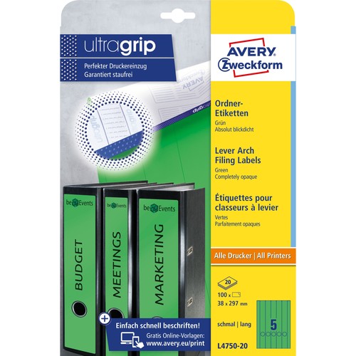 Rückenschilder zum Bedrucken 38x297mm lang schmal auf A4 Bögen grün selbstklebend Zweckform L4750-20 (PACK=100 STÜCK) Produktbild Additional View 2 L