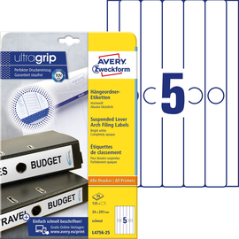 Rückenschilder für Hängeordner zum Bedrucken 34x297mm lang schmal auf A4 weiß selbstklebend Zweckform L4756-25 (PACK=125 STÜCK) Produktbild