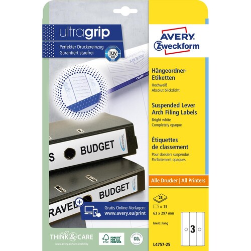 Rückenschilder für Hängeordner zum Bedrucken 63x297mm lang breit auf A4 weiß selbstklebend Zweckform L4757-25 (PACK=75 STÜCK) Produktbild Additional View 1 L