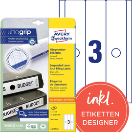 Rückenschilder für Hängeordner zum Bedrucken 63x297mm lang breit auf A4 weiß selbstklebend Zweckform L4757-25 (PACK=75 STÜCK) Produktbild
