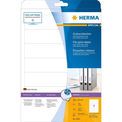 Rückenschilder zum Bedrucken 38x192mm kurz schmal auf A4 Bögen weiß Foto- Qualität selbstklebend Herma 4825 (PACK=175 STÜCK) Produktbild Additional View 1 L