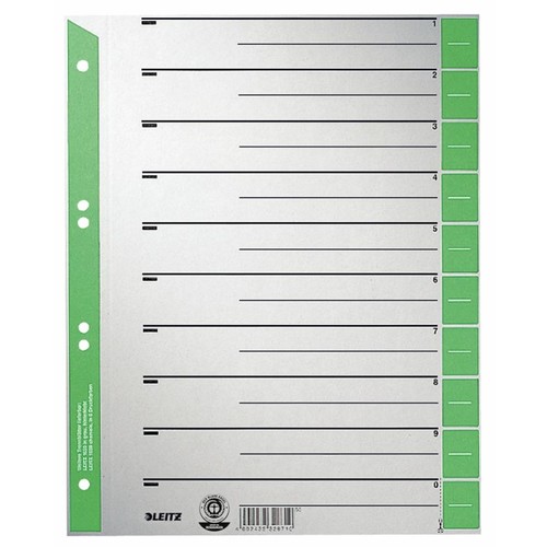 Trennblätter mit abschneidbaren Taben A4 240x300mm grün teilfarbig Karton Leitz 1652-00-55 (PACK=100 STÜCK) Produktbild Front View L