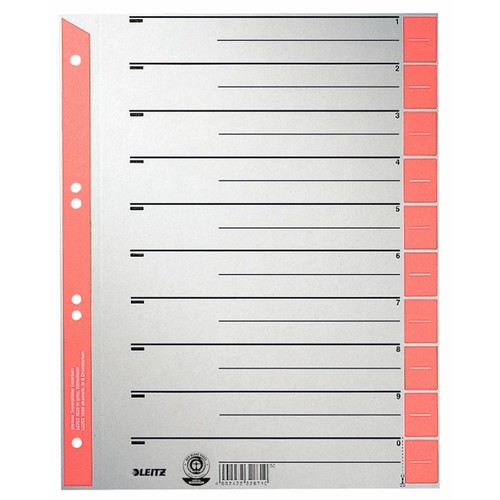 Trennblätter mit abschneidbaren Taben A4 240x300mm rot teilfarbig Karton Leitz 1652-00-25 (PACK=100 STÜCK) Produktbild Front View L