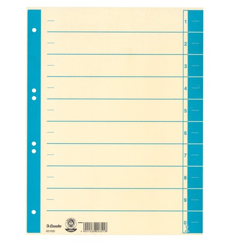 Trennblätter mit abschneidbaren Taben A4 240x300mm hellblau teilfarbig Karton Esselte 621020 (PACK=100 STÜCK) Produktbild Front View L