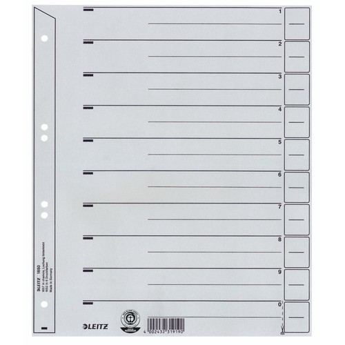 Trennblätter mit abschneidbaren Taben A4 238x300mm grau vollfarbig Karton Leitz 1650-30-85 (PACK=25 STÜCK) Produktbild Front View L