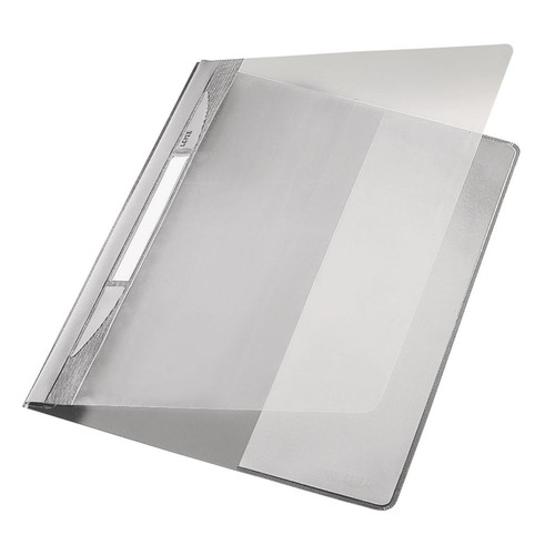 Schnellhefter Exquisit Vorderdeckel transparent A4 Längstasche im Rückdeckel grau PVC Leitz 4194-00-85 Produktbild Front View L