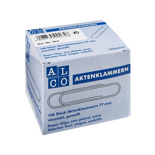 Aktenklammern 77mm verzinkt gewellt runde Form ALCO 262 (SCH=100 STÜCK) Produktbild Front View L