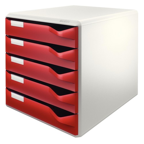 Schubladenbox 5 Schübe 285x290x355mm Gehäuse grau Schübe bordeaux Kunststoff Leitz 5280-00-28 Produktbild Front View L