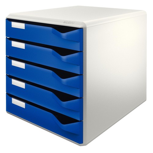 Schubladenbox 5 Schübe 285x290x355mm Gehäuse grau Schübe blau Kunststoff Leitz 5280-00-35 Produktbild Front View L