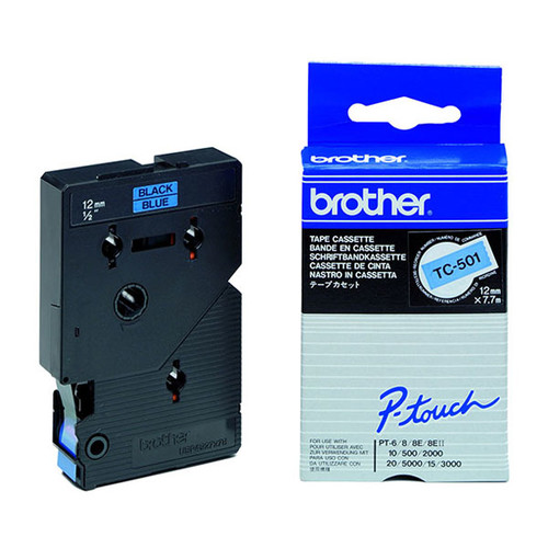 Schriftband laminiert 12mm/7,7m schwarz auf blau Brother TC-501 (ST=7,7 METER) Produktbild Front View L