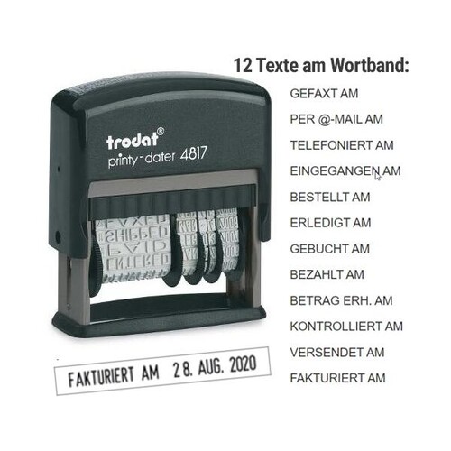 Wortbandstempel mit Datum Printy inkl. 12 Texte selbstfärbend Schrifthöhe 4mm schwarz Trodat 4817 Produktbild