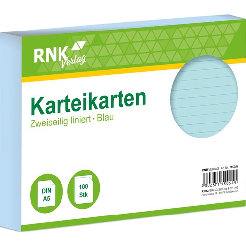 Karteikarten A5 liniert blau holzfrei RNK 11505 (PACK=100 STÜCK) Produktbild Front View L