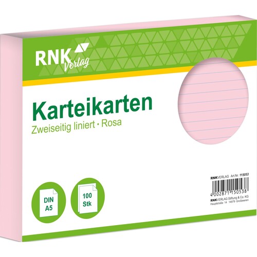 Karteikarten A5 liniert rosa holzfrei RNK 11505 (PACK=100 STÜCK) Produktbild Front View L