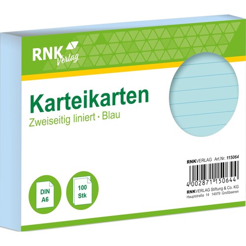 Karteikarten A6 liniert blau holzfrei RNK 11506 (PACK=100 STÜCK) Produktbild Front View L