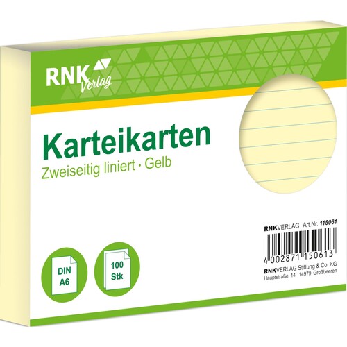 Karteikarten A6 liniert gelb holzfrei RNK 11506 (PACK=100 STÜCK) Produktbild Front View L