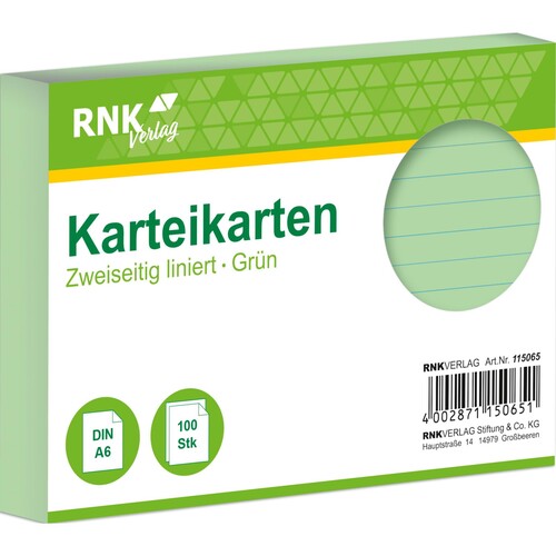 Karteikarten A6 liniert grün holzfrei RNK 11506 (PACK=100 STÜCK) Produktbild Front View L