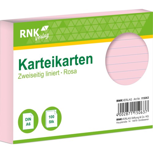 Karteikarten A6 liniert rosa holzfrei RNK 11506 (PACK=100 STÜCK) Produktbild Front View L