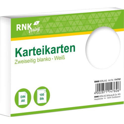 Karteikarten A6 unliniert weiß holzfrei RNK 11476 (PACK=100 STÜCK) Produktbild Front View L